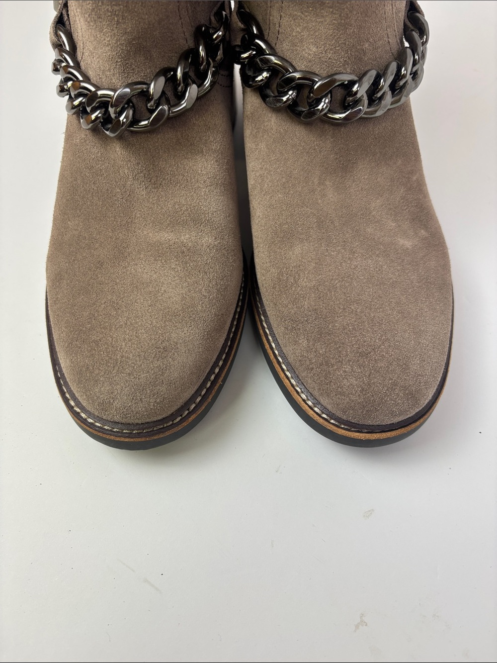 Vince Camuto Keshilla Suede Leather Chain Moto Chunky Boots Taupe Size 8.5 - Picture 6 of 14
